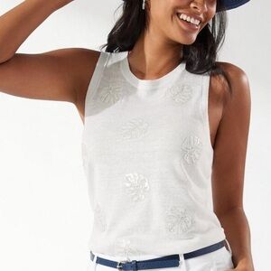 Tommy Bahama Women’s M Sequin Palm leaf Ivory Linen Tank Top